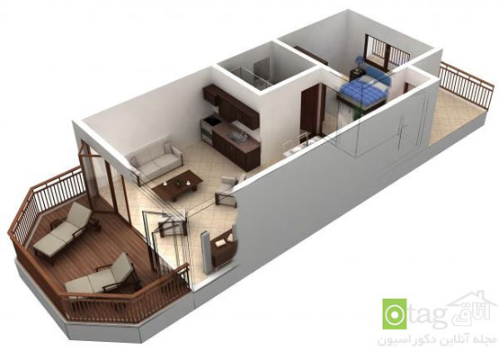 پلان و نقشه آپارتمان یک خوابه با طراحی مدرن