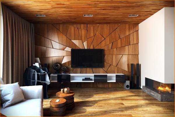 اصول تزیین دیوار اتاق پذیرایی مدرن باسنگ و چوب