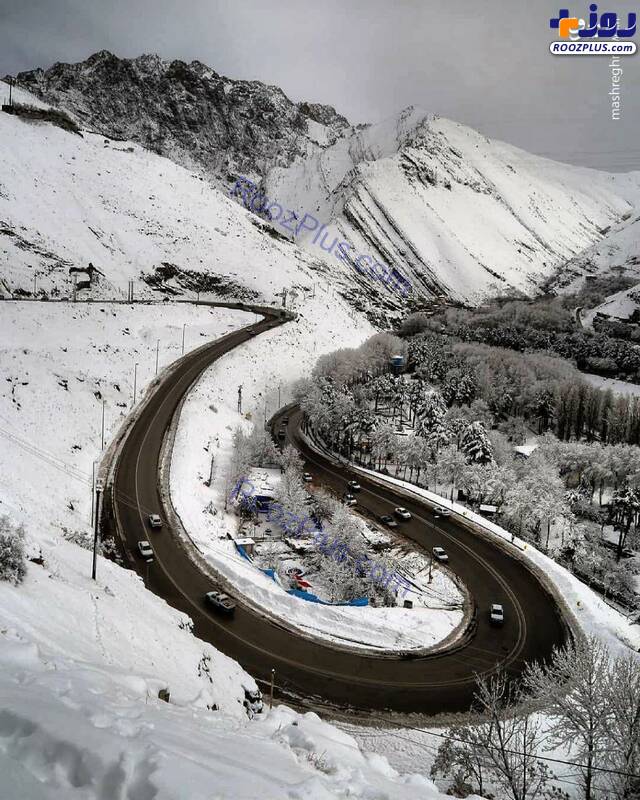 نمایی زیبا از جاده چالوس در زمستان