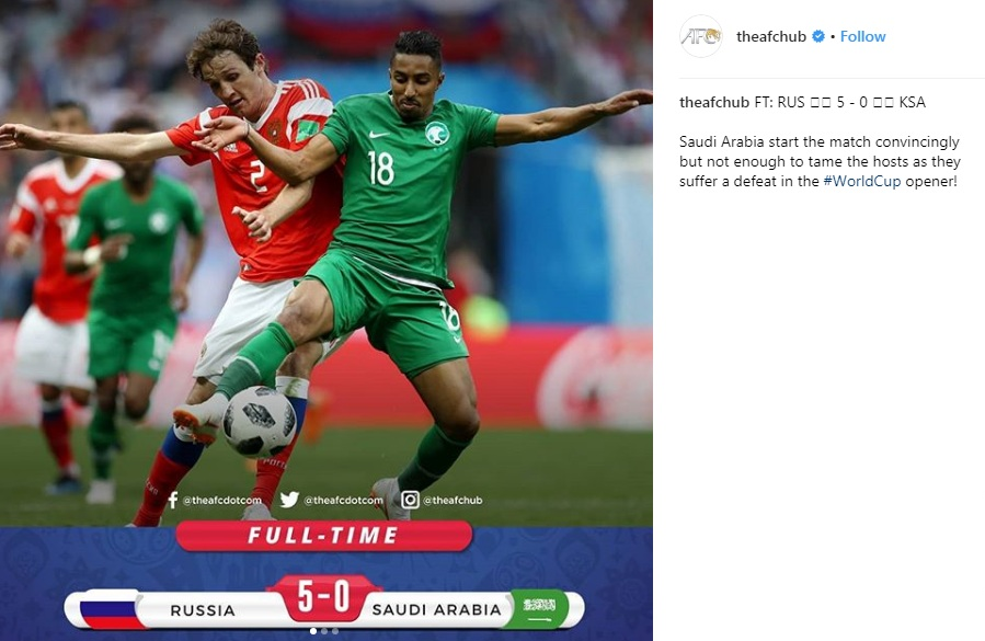 واکنش AFC به شکست تحقیرآمیز عربستان مقابل روسیه+عکس