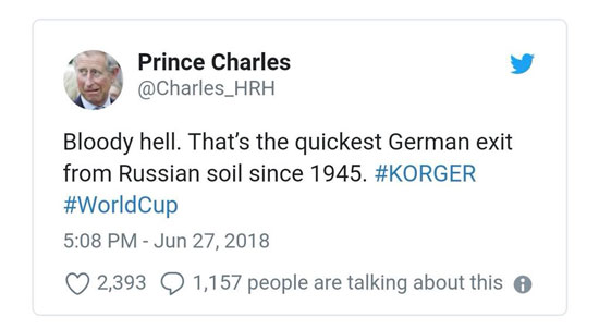 توییت پرنس چارلز درباره حذف آلمان از جام‌جهانی+عکس