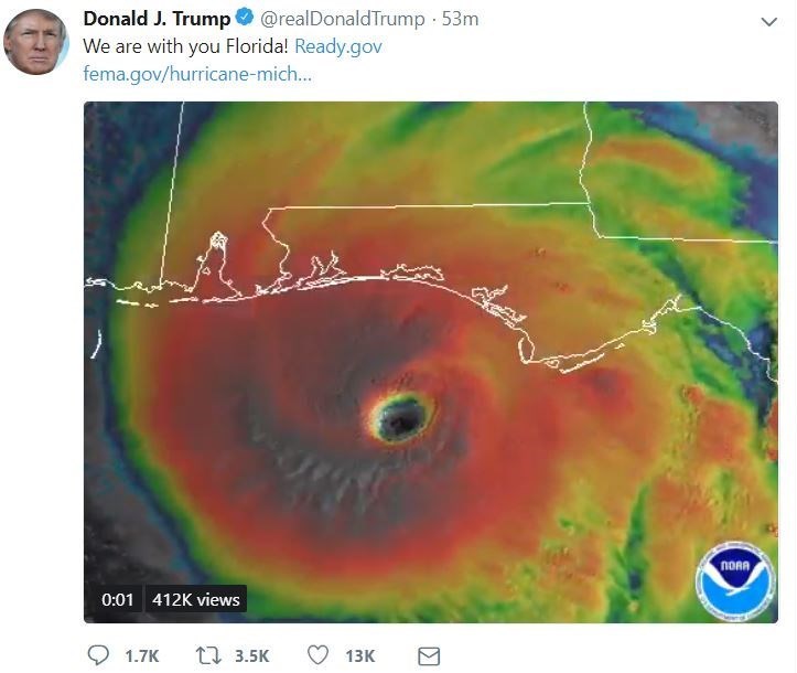 تصویر توئیتری ترامپ درباره طوفان شدید مایکل