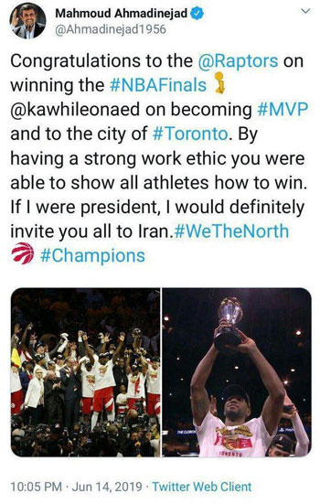 پیام احمدی‌نژاد برای قهرمان NBA+عکس