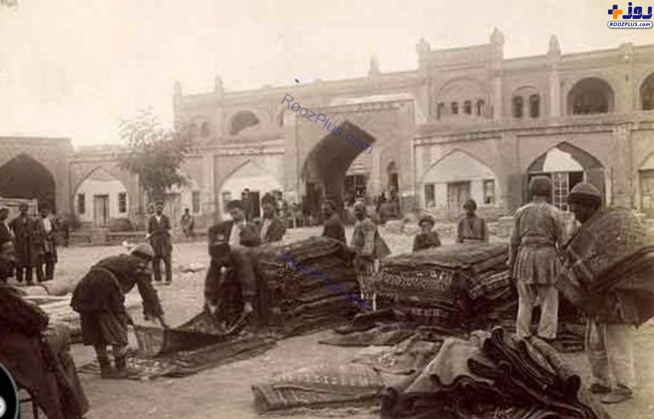 تصویری قدیمی از بازار فرش در شهر گنجه آذربایجان
