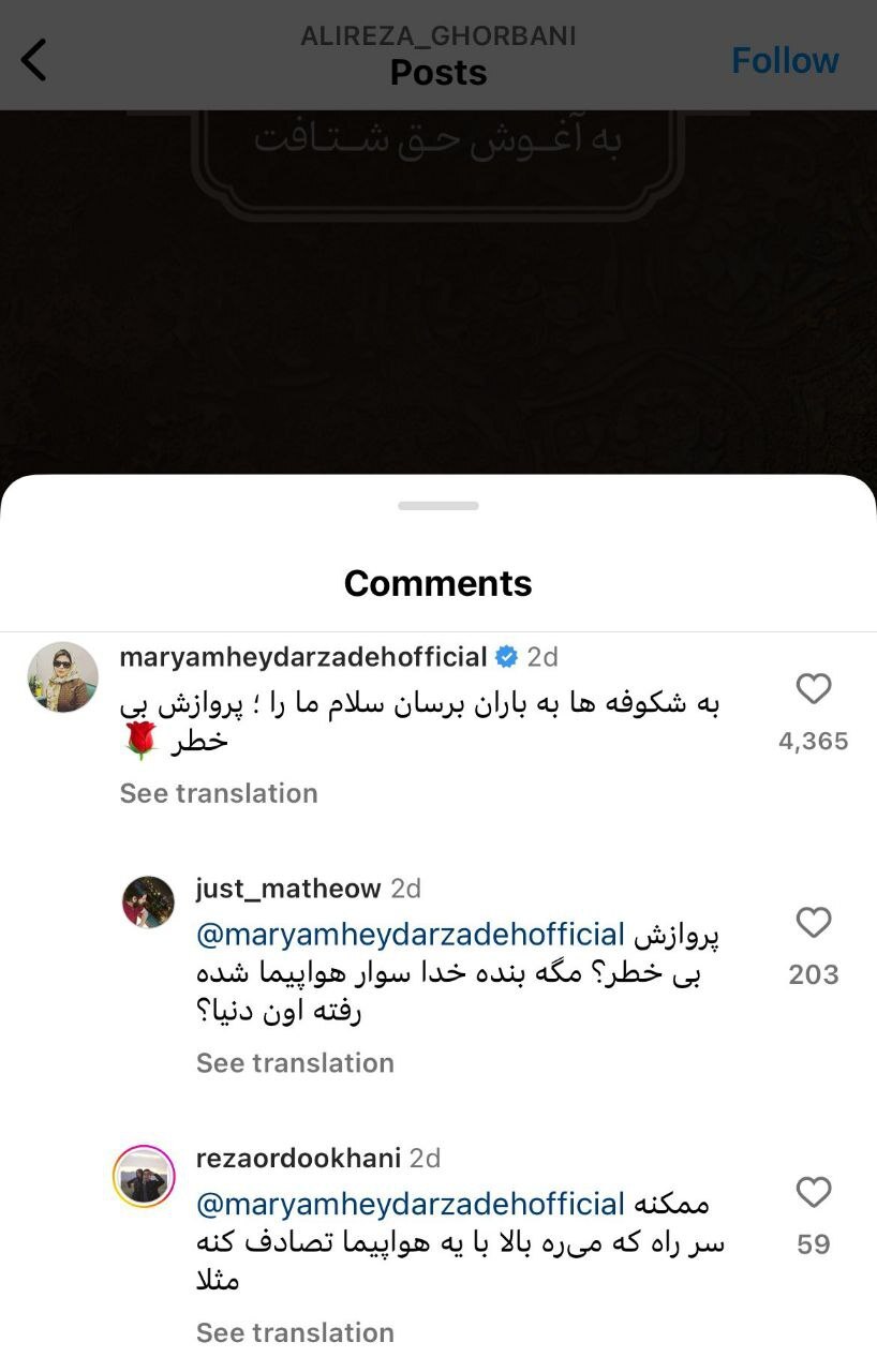 کامنت عجیب مریم حیدرزاده برای فوت همسر علیرضا قربانی