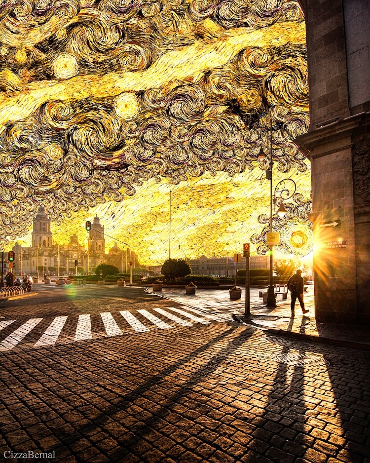 یک هنرمند، مناظر شهری را با سبک آسمان‌های تابلوهای ون گوگ، تجسم کرده و در هم آمیخته (یک پزشک)