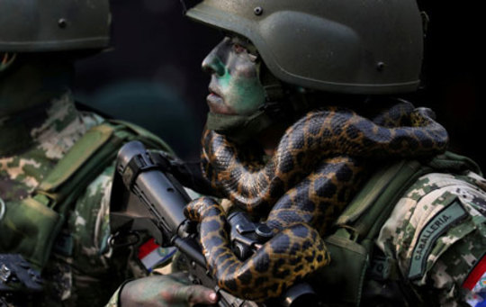 یک مار دور گردن یکی از نیروهای ویژه ارتش پاراگوئه هنگام رژه نظامی