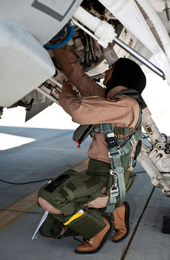 مریم المنصوری ، زن خلبان نیروی هوایی امارت عربی متحده میزان آمادگی هواپیمایش را بررسی می کند