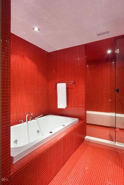 در این حمام تمامی دیواره‌ها، کف و اطراف وان با کاشی‌های کوچک قرمز رنگی پوشیده شده اســت و تنها رنگ دیگری که دیده می‌شود رنگ سفید در قسمت سقف و تجهیزات حمام اســت.