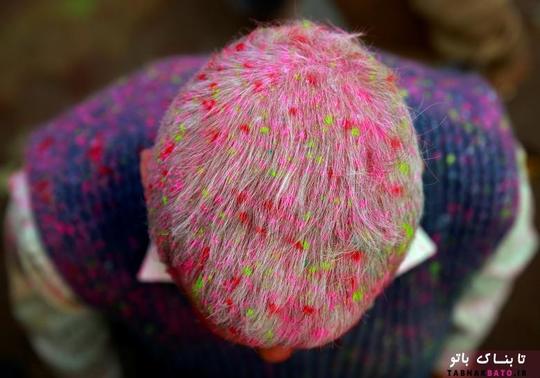 یک هندو خود را برای شرکت در جشن مذهبی هولی، پوشیده از پودر‌های رنگی کرده و بیرون یک معبد در شمال ایالت اوتار پرادش هندوستان ایستاده است.