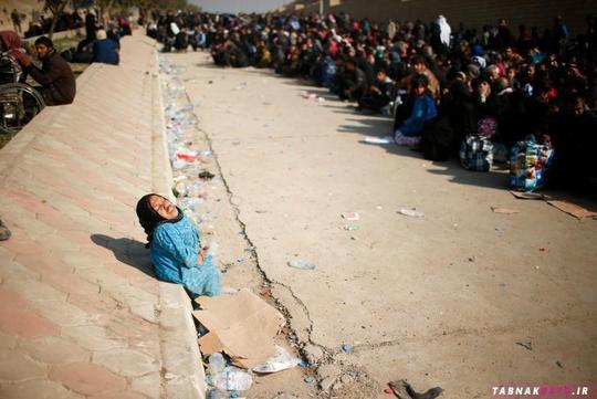 رنج یک زن آواره‌ی عراقی در کنار خیابان در انتظار رسیدن کامیون حمل مردم به مکان های امن نشسته است.