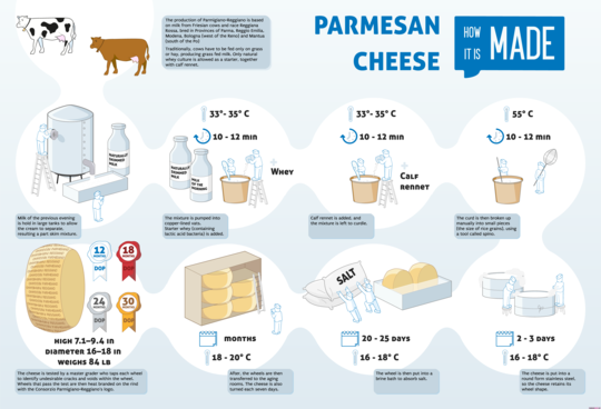 برای این کار به ۲۴۴ هزار گاو احتیاج است. صادرات این پنیر حکم زعفران را برای ایتالیایی‌ها دارد و این صادرات، سالیانه رو به رشد است