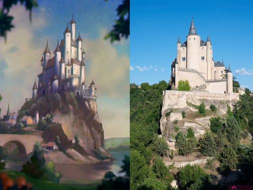 سفید برفی و هفت کوتوله، قصر سگوویا، اسپانیا، قلعه‌ی ملکه در این انیمیشن، از قلعه‌ی آلکازار سگوویا در اسپانیا الهام گرفته شده است. در طول چندین صد سال، از این قلعه برای اقامت پادشاهان اسپانیایی استفاده می‌شد تا وقتی که قلعه در سال ۱۸۶۲ در آتش سوخت و آسیب  های قابل توجهی دید