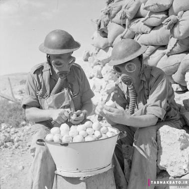 سربازان با پوشیدن ماسک در حال پوست کندن پیاز، ۱۹۴۱ میلادی