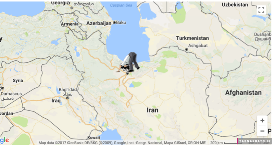 براساس این نقشه نقطه ی مقابل تهران روی کره ی زمین اقیانوس آرام جنوبی است