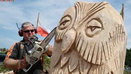 یک پیکر تراش،لهستانی در طول یک مسابقه ی مجسمه سازی در حال ساخت مجسمه ی بزرگ جغد است