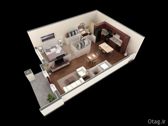 پلان و نقشه آپارتمان یک خوابه با طراحی مدرن