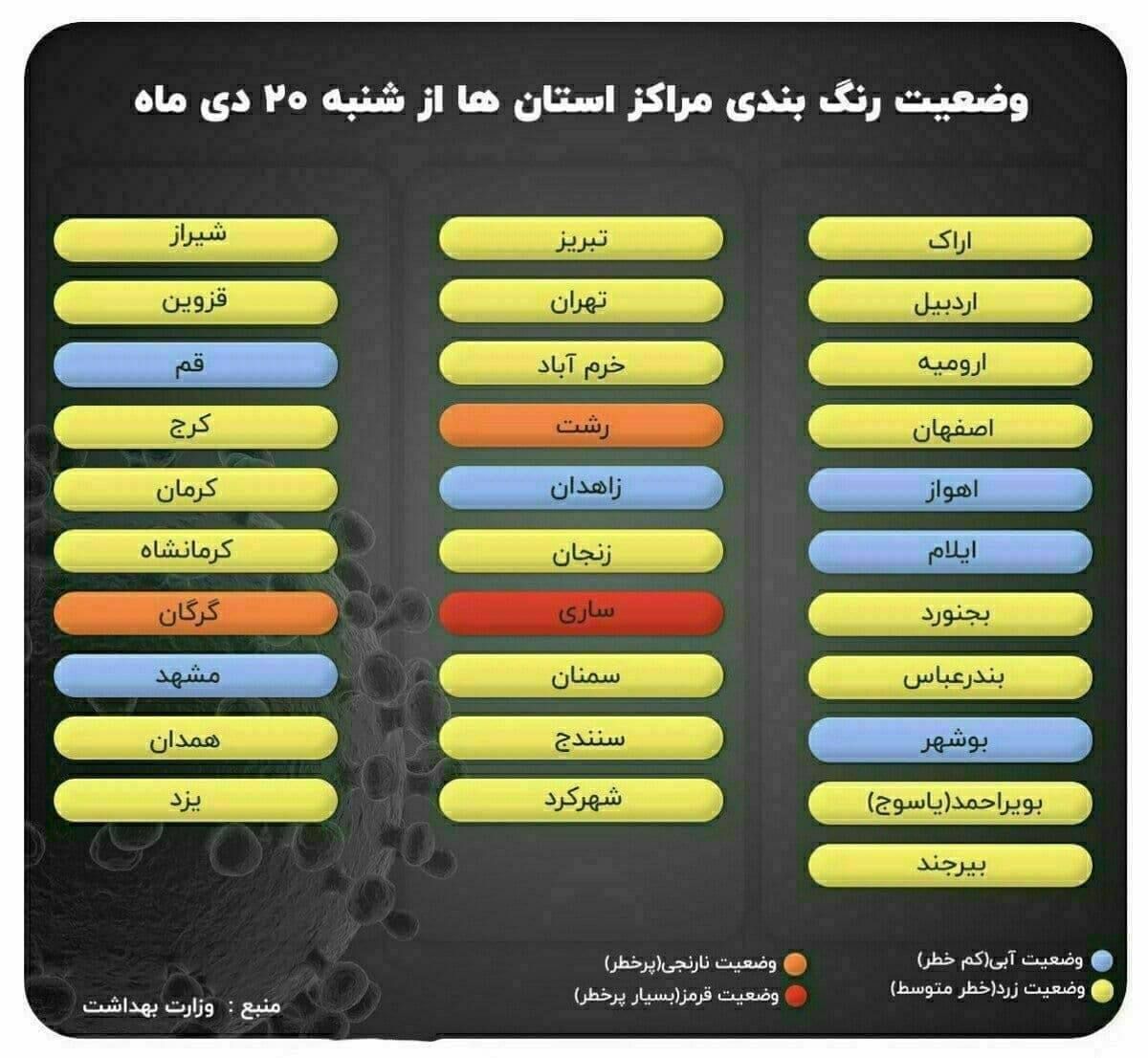 وضعیت رنگ‌بندی مراکز استان‌ها از امروز + عکس