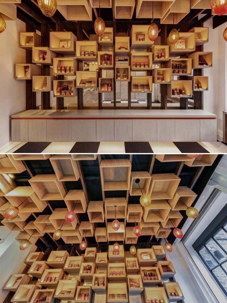 باکس های چوبی دردکوراسیون مغازه شکلات فروشی