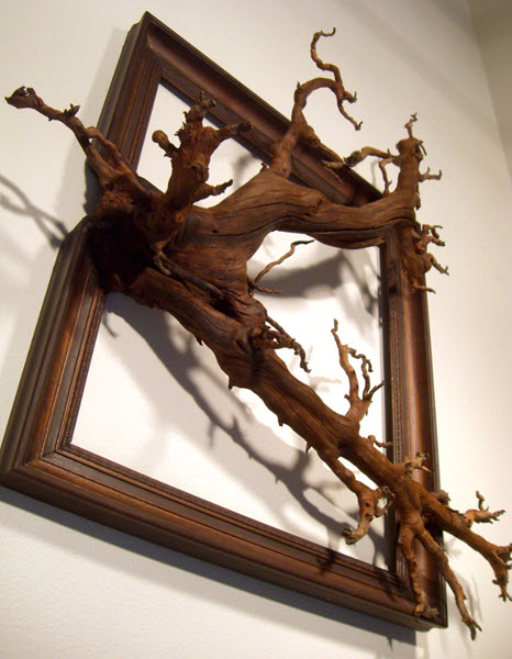 هنرمندی که با مهارت قاب‌های چوبی را با شاخه‌ها و ریشه‌های درختان پیوند می‌دهد