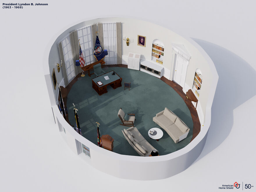 طراحی‌های سه‌بعدی از تغییرات ظاهری دفتر بیضی‌ ۲۰ رئیس جمهور اخیر آمریکا