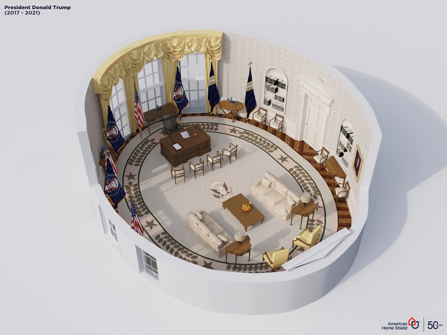 طراحی‌های سه‌بعدی از تغییرات ظاهری دفتر بیضی‌ ۲۰ رئیس جمهور اخیر آمریکا
