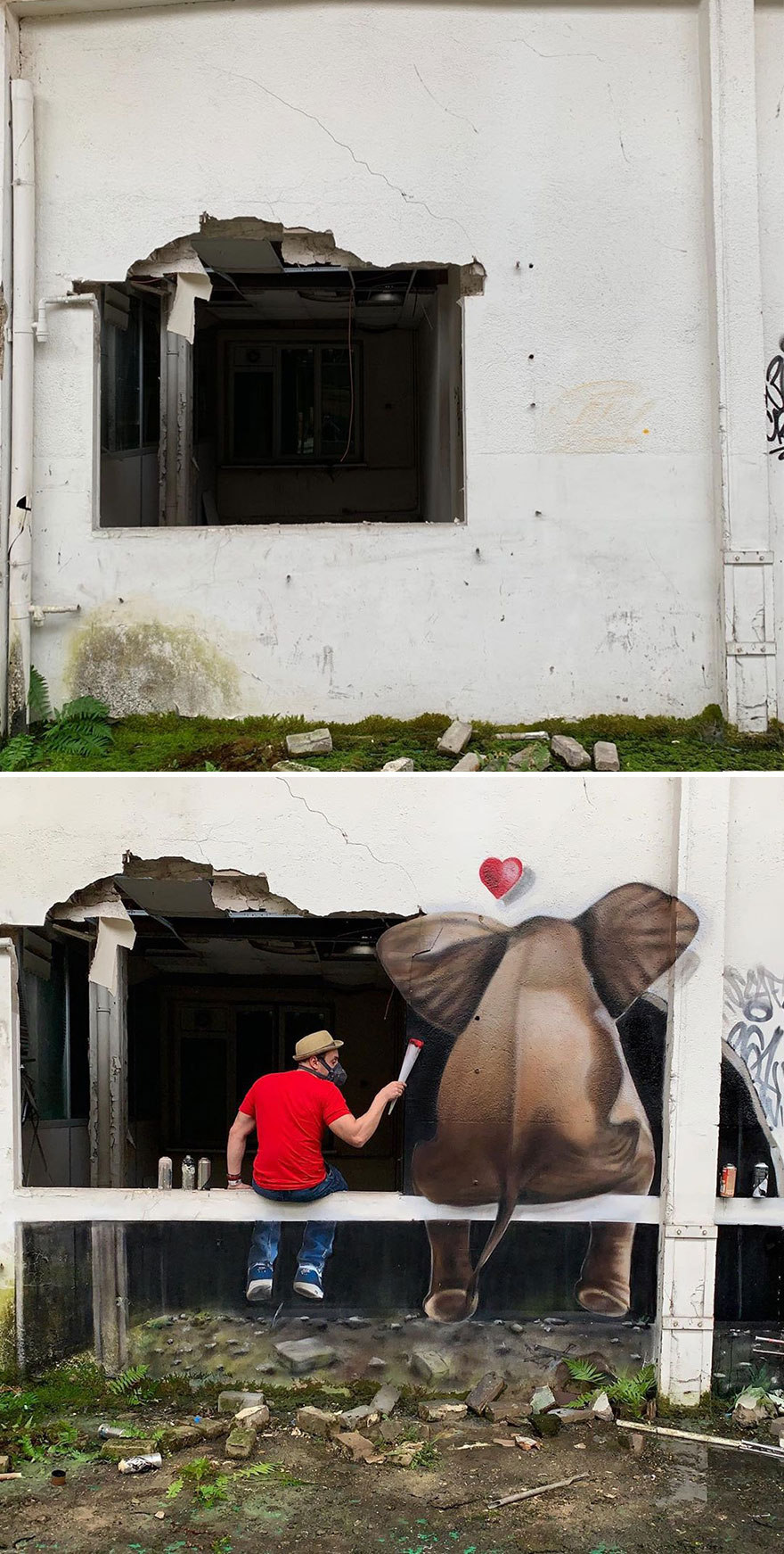 مهارت هنرمند فرانسوی در کشیدن نقاشی‌های دیواری سه‌بعدی واقع‌نما