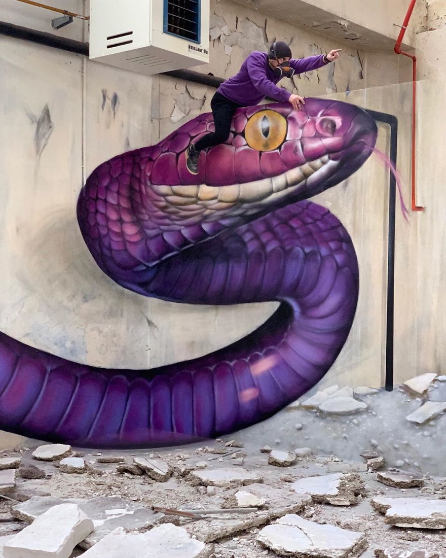 مهارت هنرمند فرانسوی در کشیدن نقاشی‌های دیواری سه‌بعدی واقع‌نما