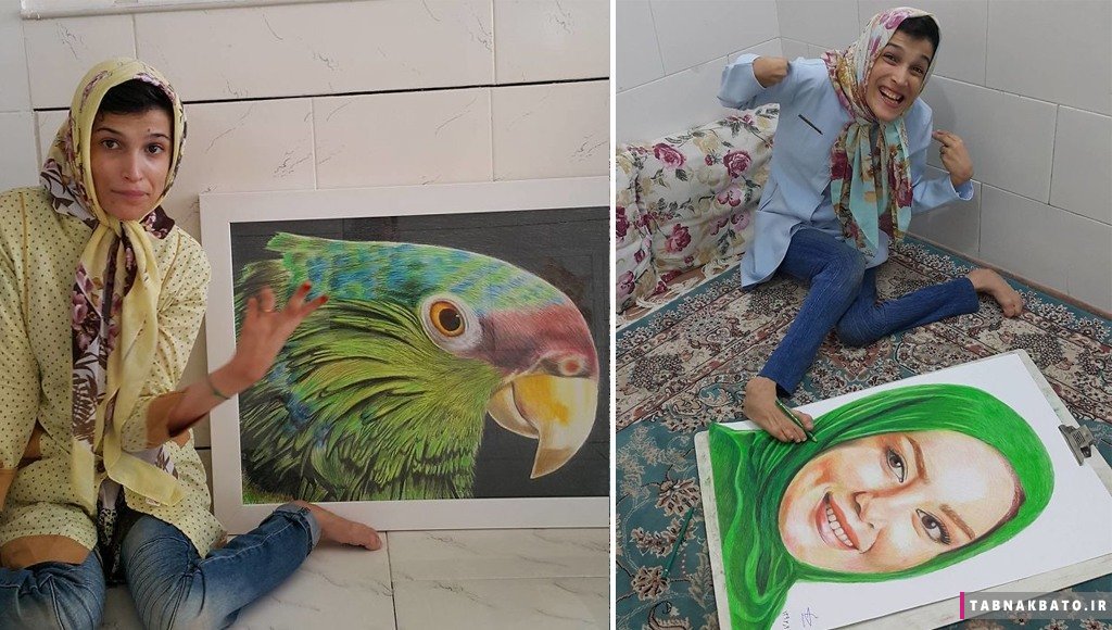 دختر ایرانی و خلق نقاشی‌های زیبا با یک پا