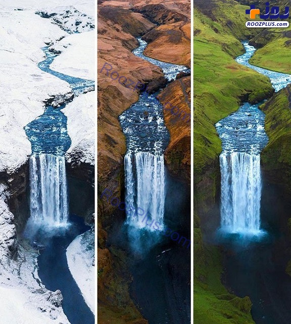 آبشاری در ایسلند در ۳ فصل مختلف