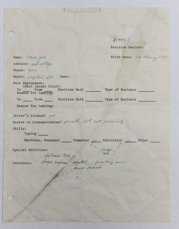 فرم درخواست شغل «استیو جابز» در سال ۱۹۷۳