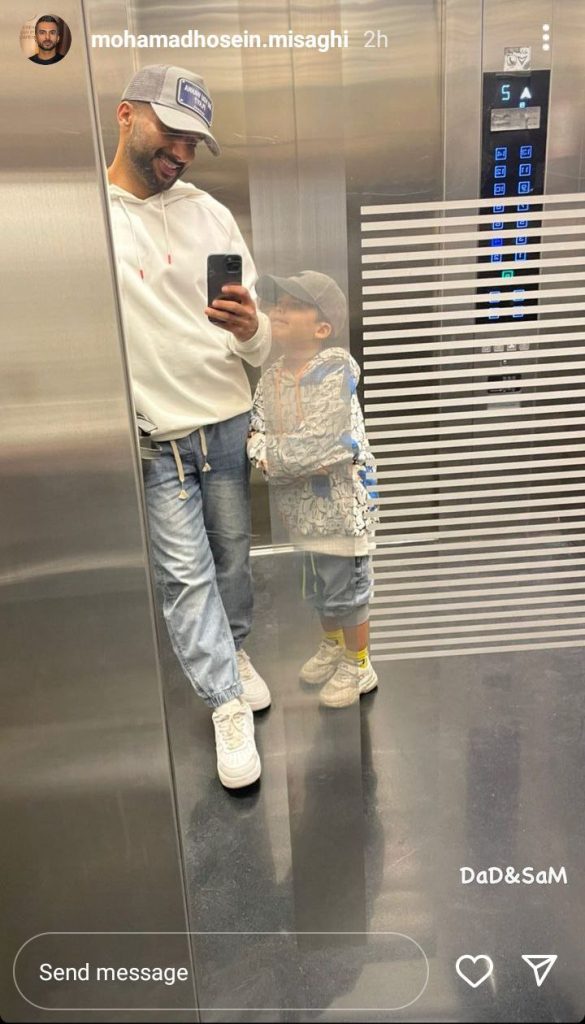سلفی محمد حسین میثاقی با پسرش در آسانسور