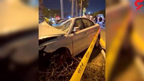 له شدن یک خودرو کیا پس از تصادف با درخت نخل در کیش