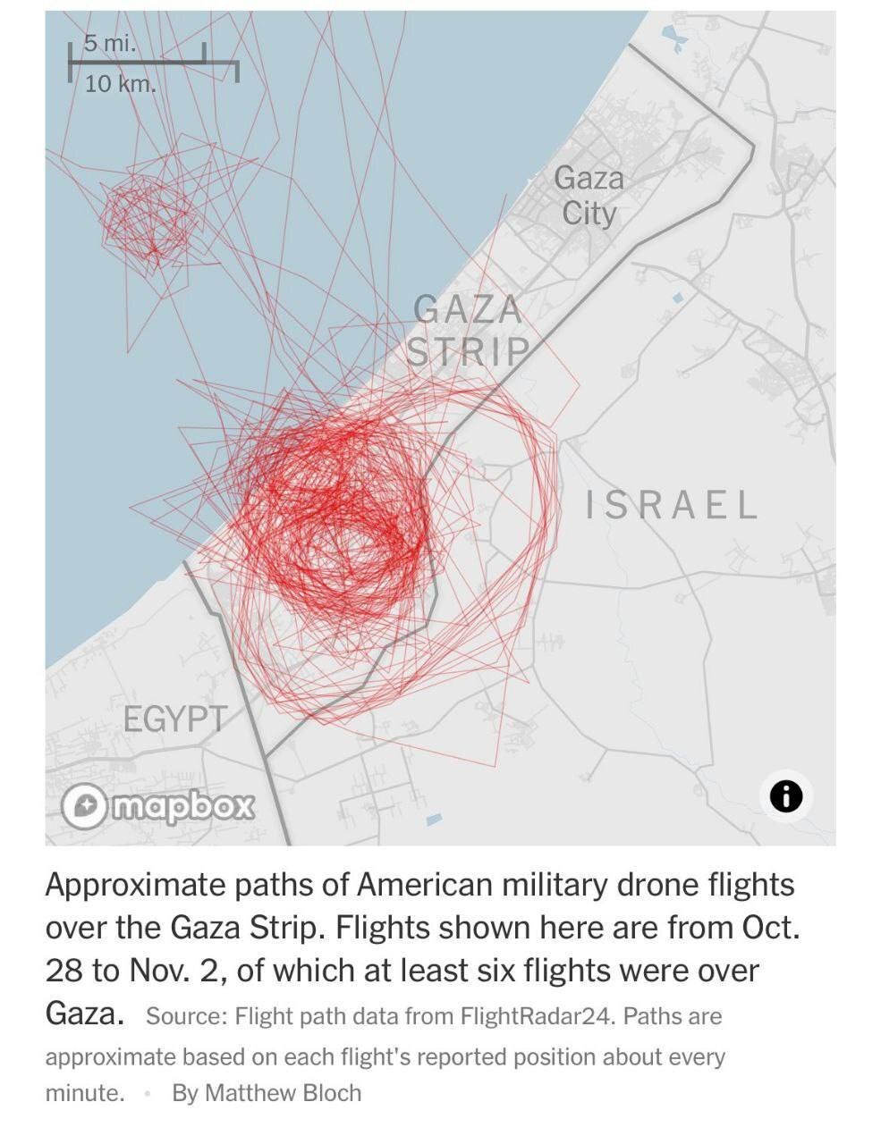 تصویری از مسیر پرواز پهپادهای آمریکا بر فراز غزه