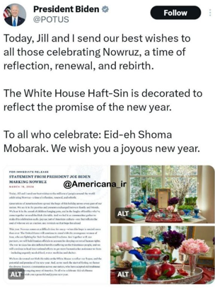 پیام تبریک رئیس جمهور آمریکا به مناسبت نوروز