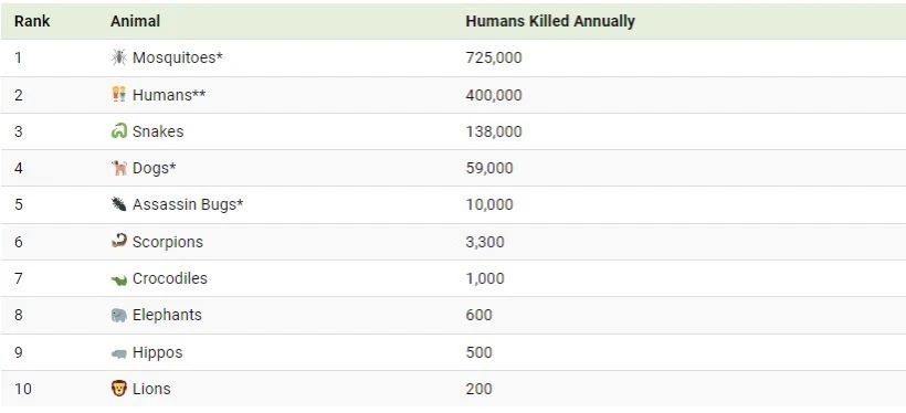 ۱۰ حیوان مرگباری که هر ساله بیشترین تعداد انسان‌ها را می‌کشند (روزیاتو)
