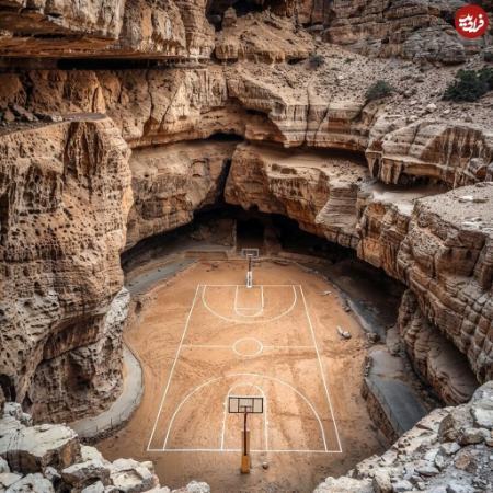 منظرۀ خیال‌انگیز زمین‌های بسکتبال در بیابان‌های عربستان (فرادید)