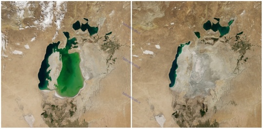دریاچه آرال، آسیای میانه، آگوست ۲۰۰۰ و آگوست ۲۰۱۴ میلادی