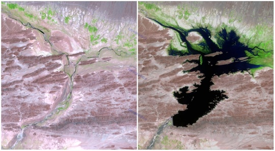 دشت رود، پاکستان، اوت ۱۹۹۹ و ژوئن ۲۰۱۱، سدی در این منطقه وجود دارد که آب نوشیدنی و آب مورد نیاز کشاورزی مناطق اطراف را تأمین می کند.